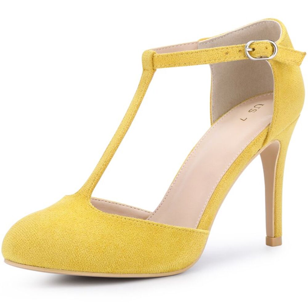 Rounded Toe Stiletto Heel T-Strap Pumps Yellow